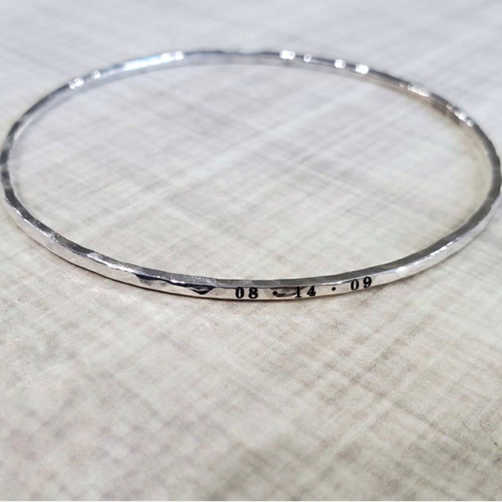 925 Sterling Silver Handcrafted Engraved Date Bangle Bracelet, Hammered, Skinny